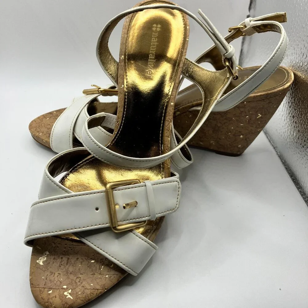 Naturalizer Sandals Leather White Cork 3.5 inch heel New Size 9 Like New